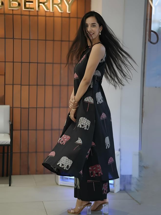 Elephant Print Sleeveless Kurta Palazzo set