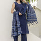 Notch Neck Thread Work Pure Cotton Straight Kurta With Trousers & Dupatta