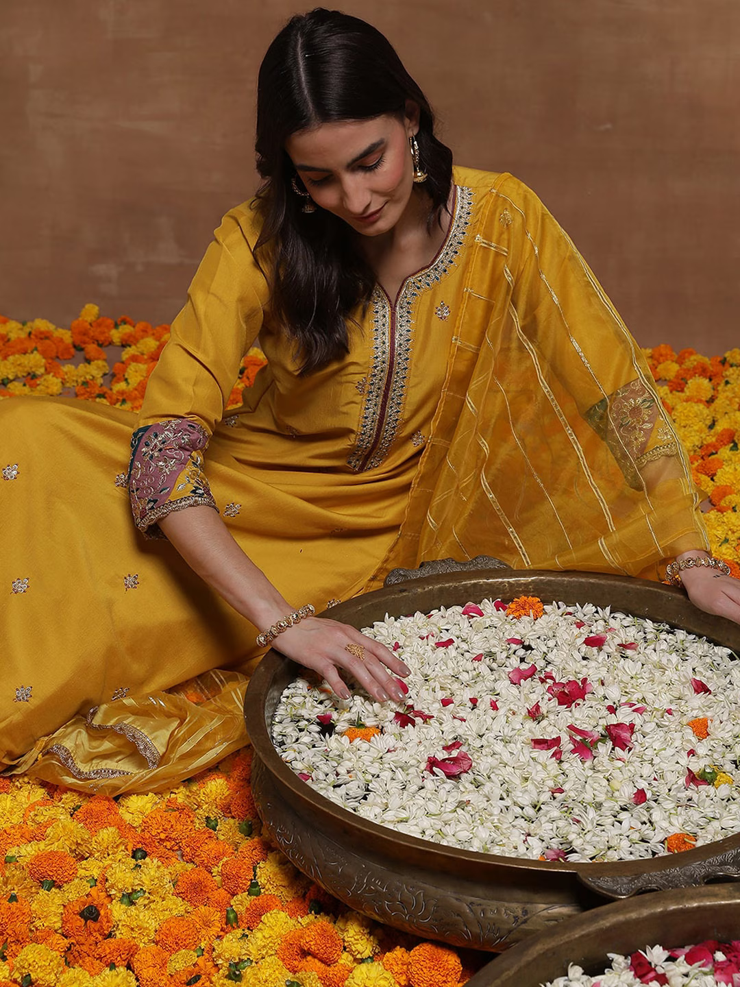 Yellow Floral Embroidered Sequinned Straight Kurta & Trousers With Dupatta