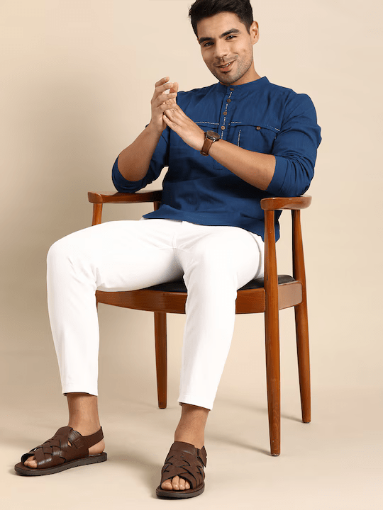 Men Navy Blue Thread Work Kurta