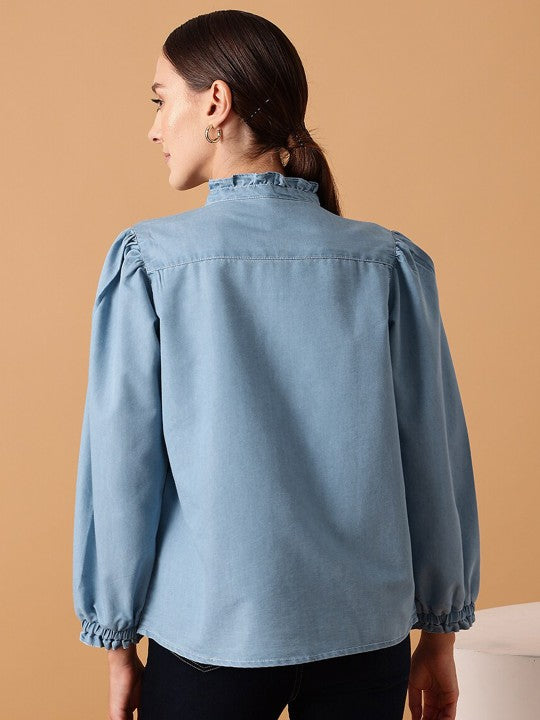 Comfort Denim Cotton Puff Sleeves Casual Shirt