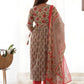 Floral Printed Thread Work Pure Cotton Empire Kurta With Trousers & Dupatta