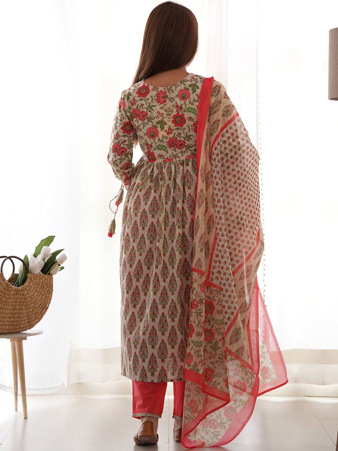 Floral Printed Thread Work Pure Cotton Empire Kurta With Trousers & Dupatta