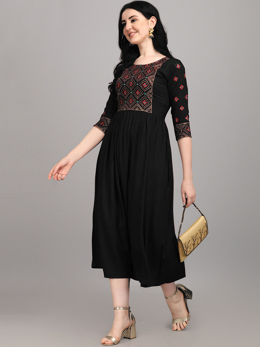 Women Black Floral Yoke Design Thread Work Ethnic Dress