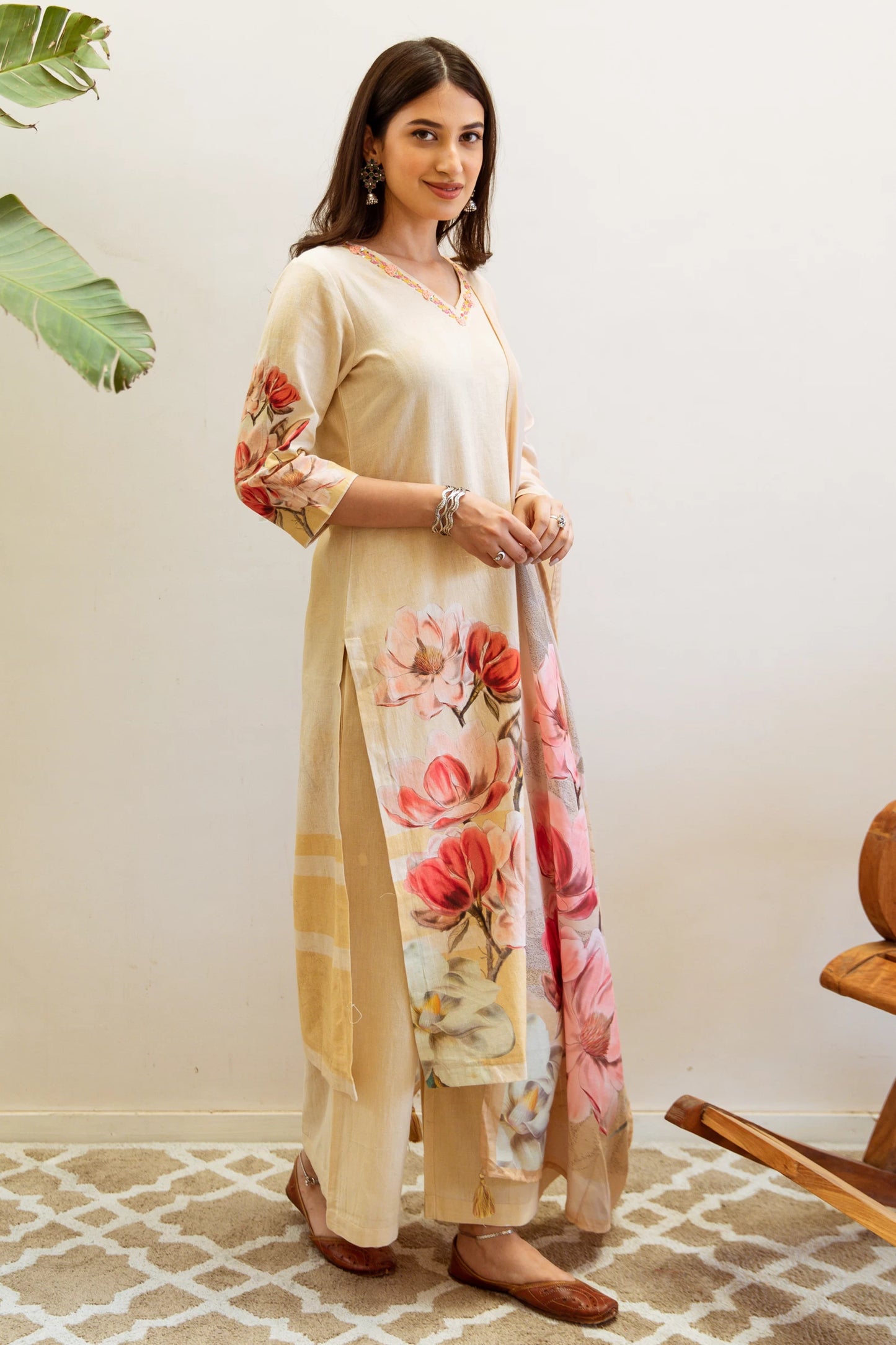 Women Linen Kurta Palazzo Dupatta Set