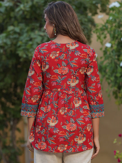 Floral Printed V-Neck Kantha Work Pure Cotton Kantha Work Kurti