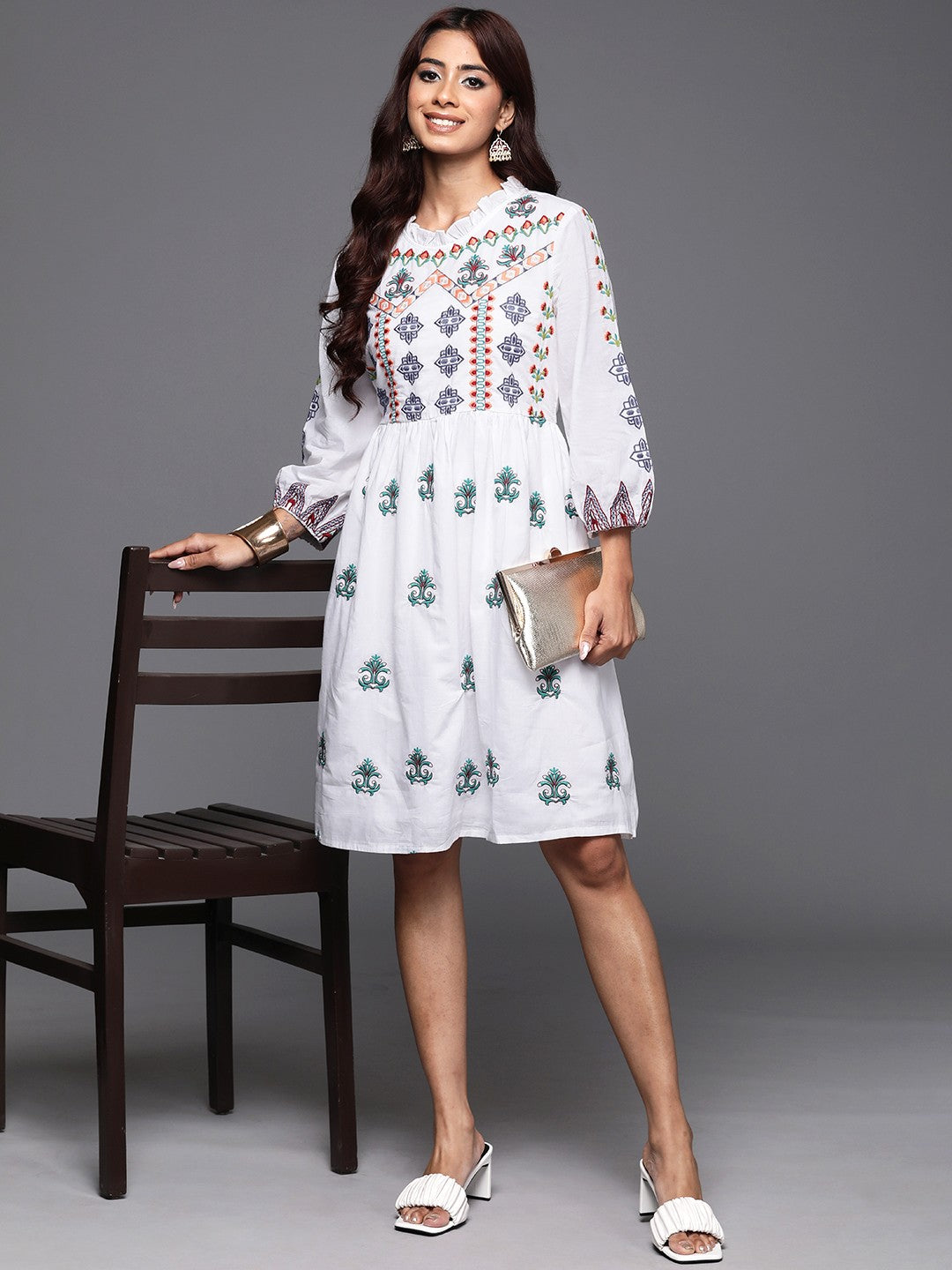 Ethnic Motifs High Neck Embroidered Puff Sleeves A-Line Dress