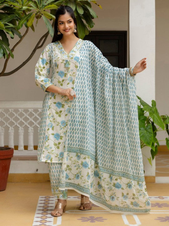 Floral Yoke Design Empire Mirror Work Pure Cotton Kurta with Patiala & Dupatta