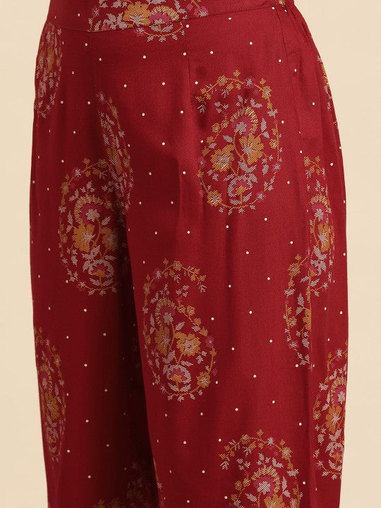 Women Paisley Printed Pleated High-Low Kurta with Trousers