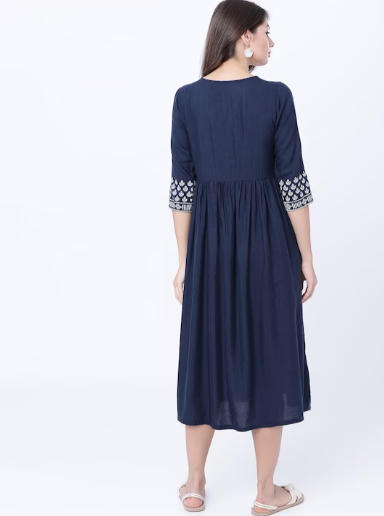 Women Navy Blue Printed Fit and Flare Dress