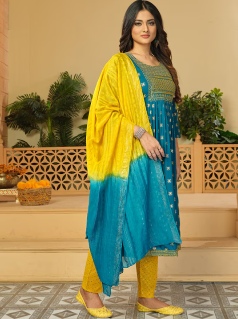 Ethnic Motifs Printed Thread Work A-Line Kurta with Trousers And Dupatta