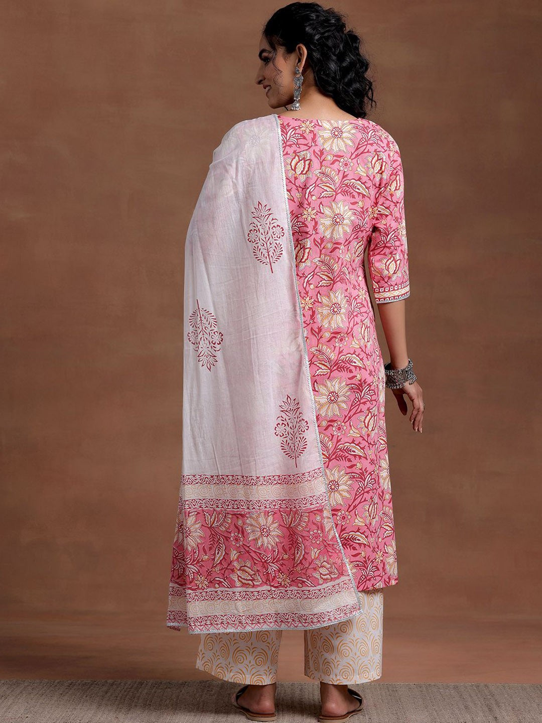 V Neck Floral Printed Gotta Patti Pure Cotton Straight Kurta with Palazzo & Dupatta