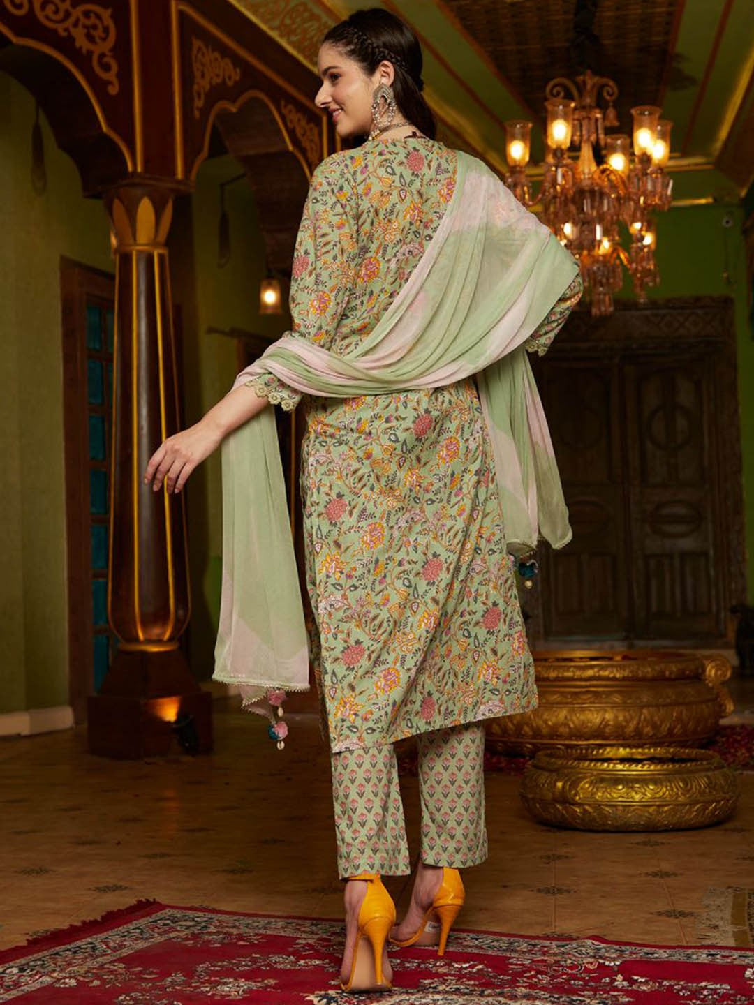 Floral Printed Pure Cotton Straight Kurta With Trouser & Dupatta