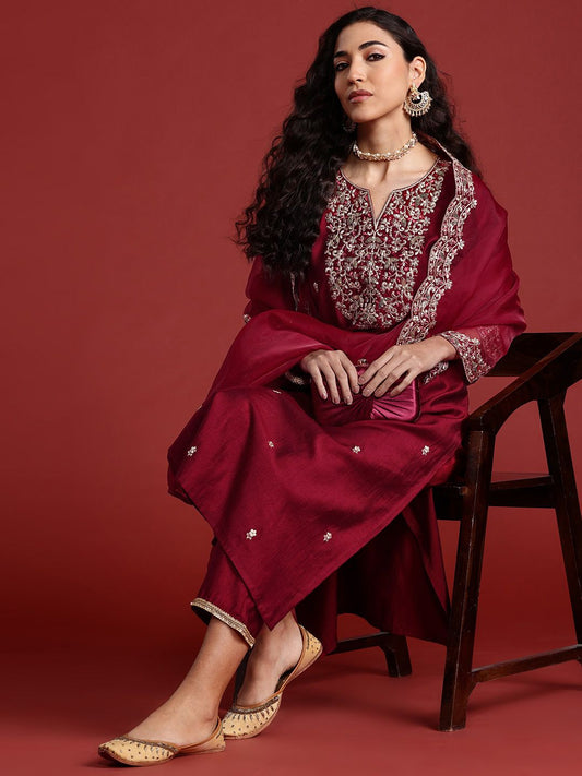 Floral Embroidered Sequinned Liva Kurta With Trousers & Dupatta