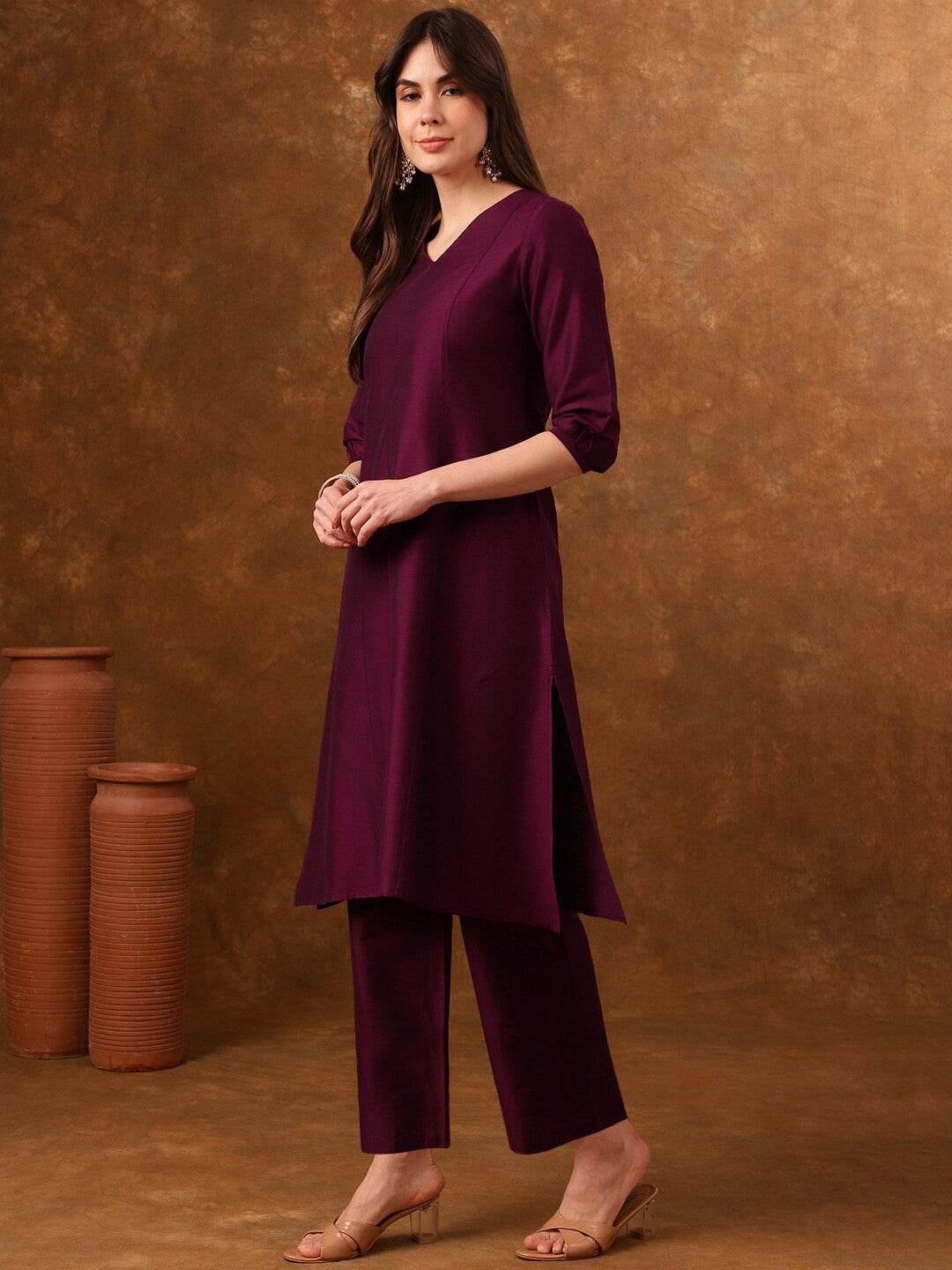 V-Neck Three-Quarter Sleeves Panelled Kurta with Palazzos