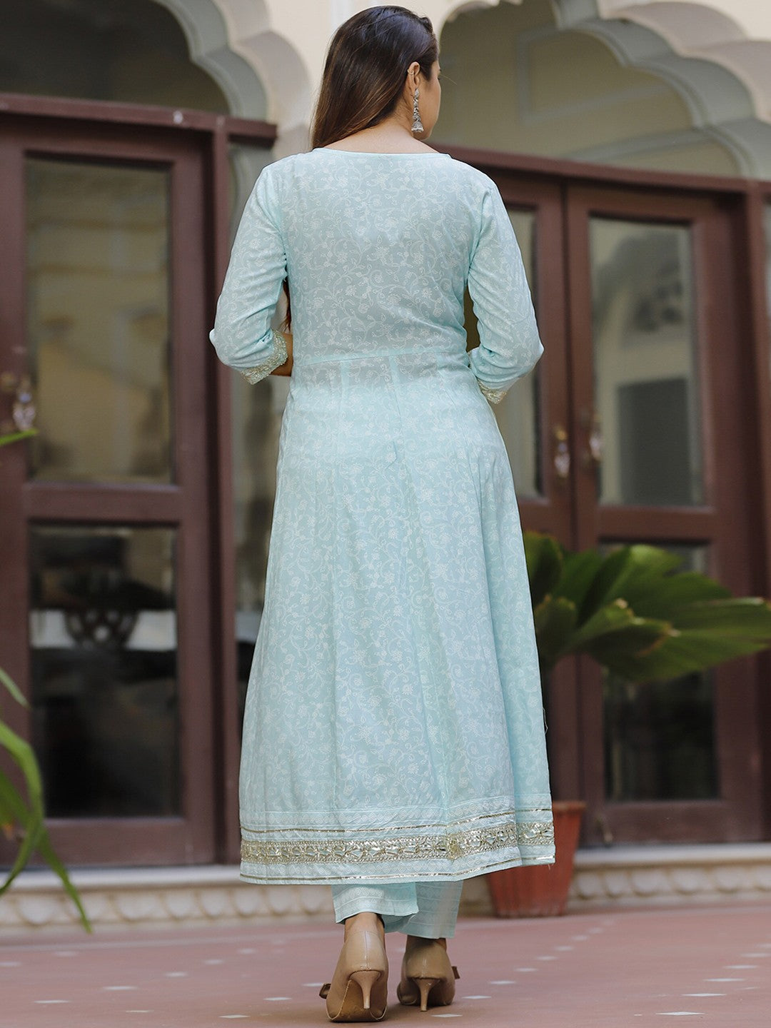 Ethnic Motifs Printed Mirror Work Anarkali Kurta with Trousers & Dupatta