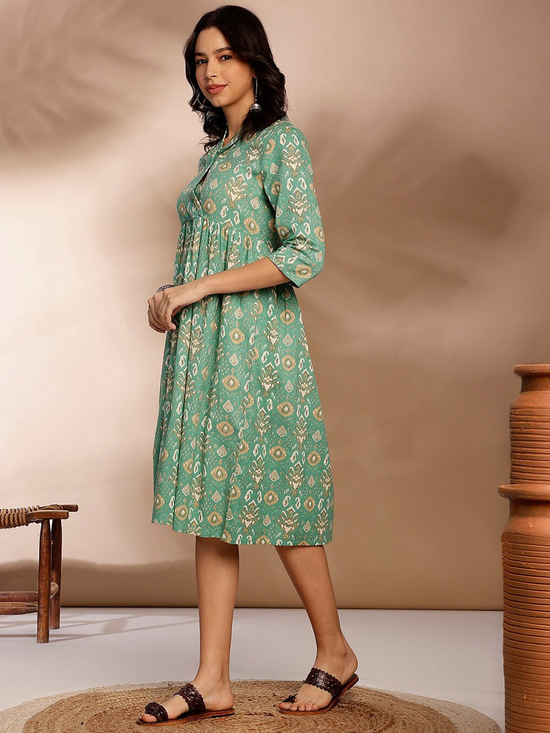 Blue Ethnic Motifs Printed Gathered Detailed Pure Cotton Fit & Flare Ethnic Dress