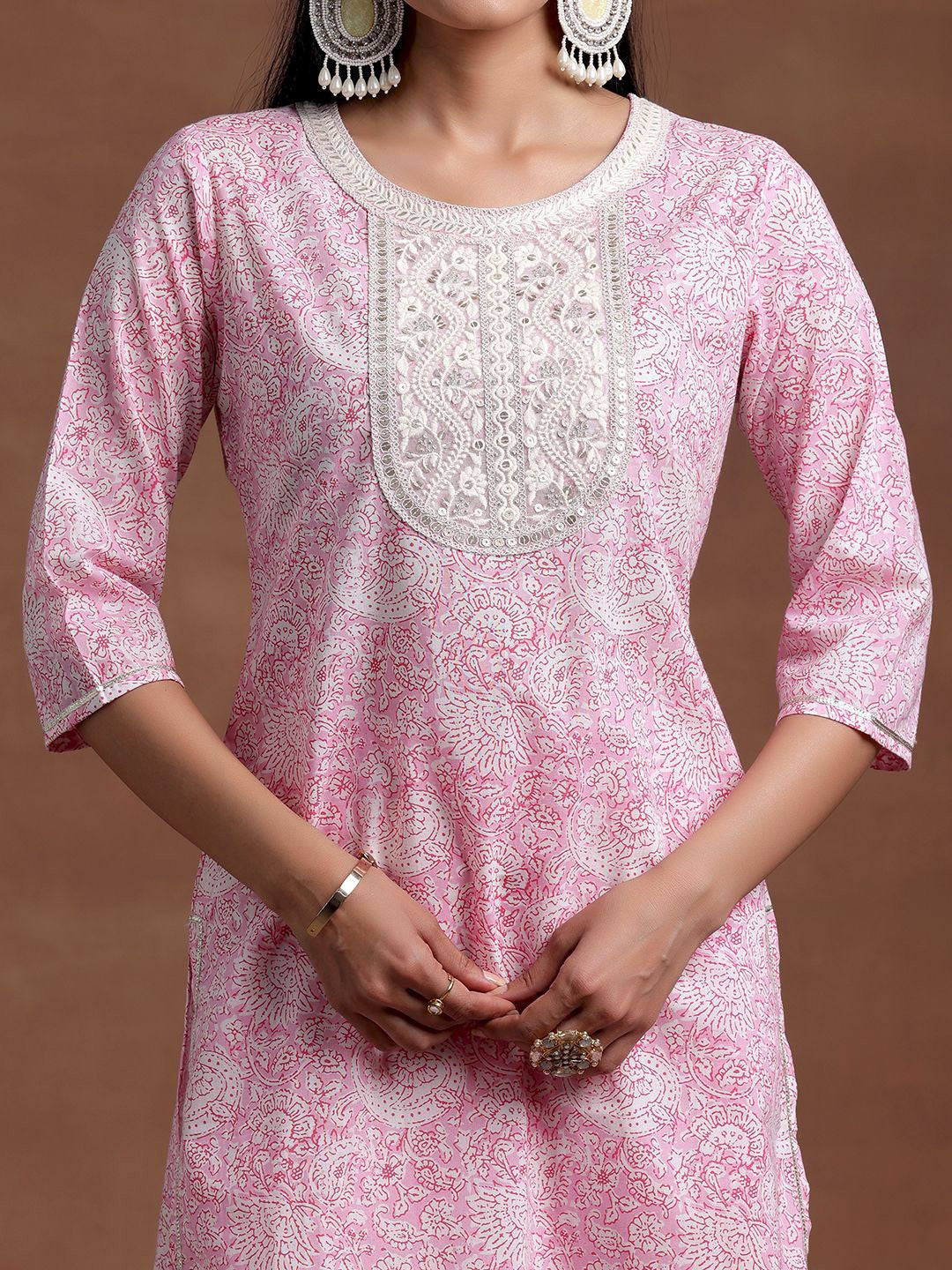 Round Neck Floral Yoke Design Gotta Patti Pure Cotton Kurta with Sharara & Dupatta