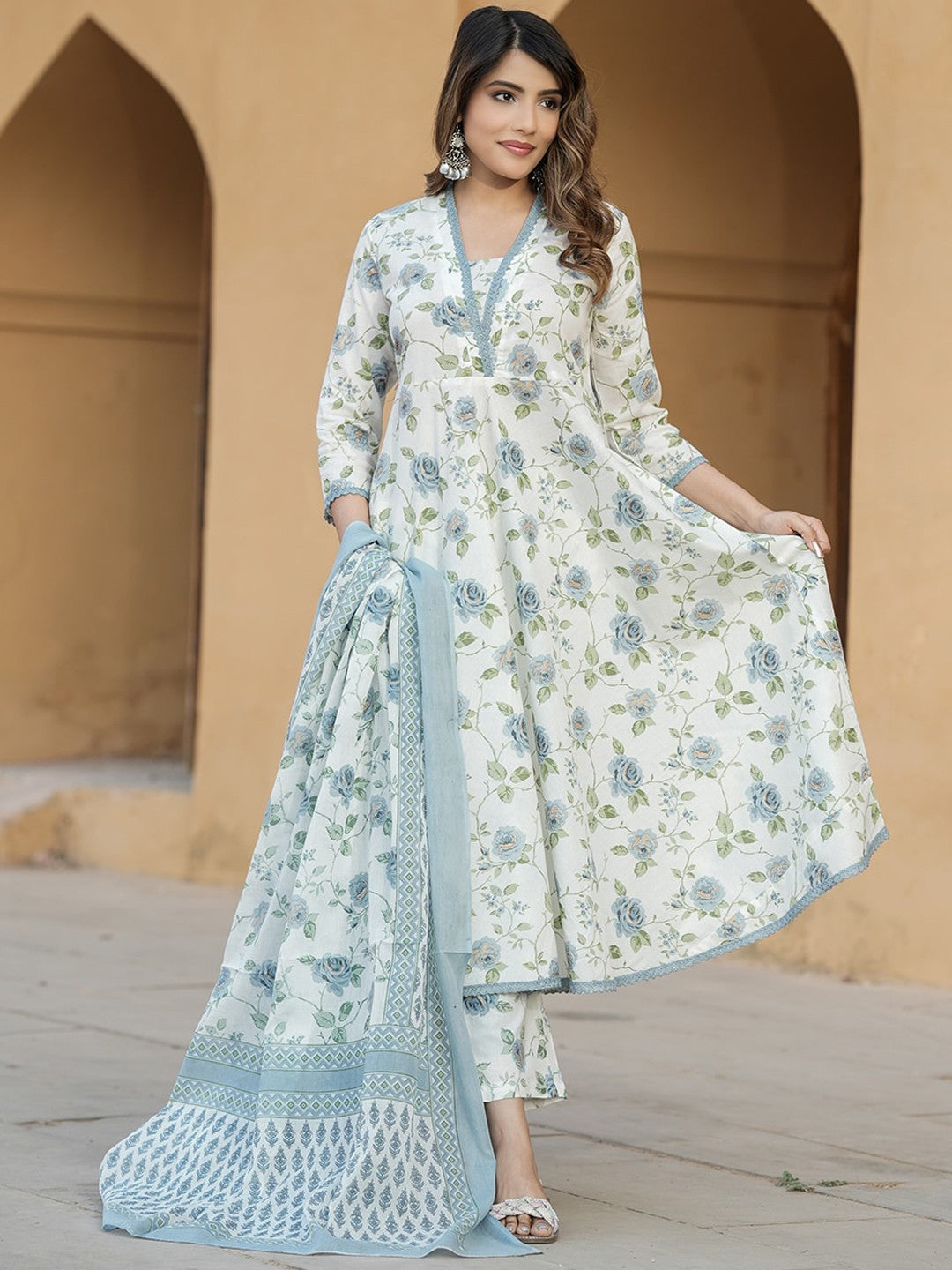 Floral Printed V-Neck Thread Work Pure Cotton Empire Kurta with Trousers & Dupatta