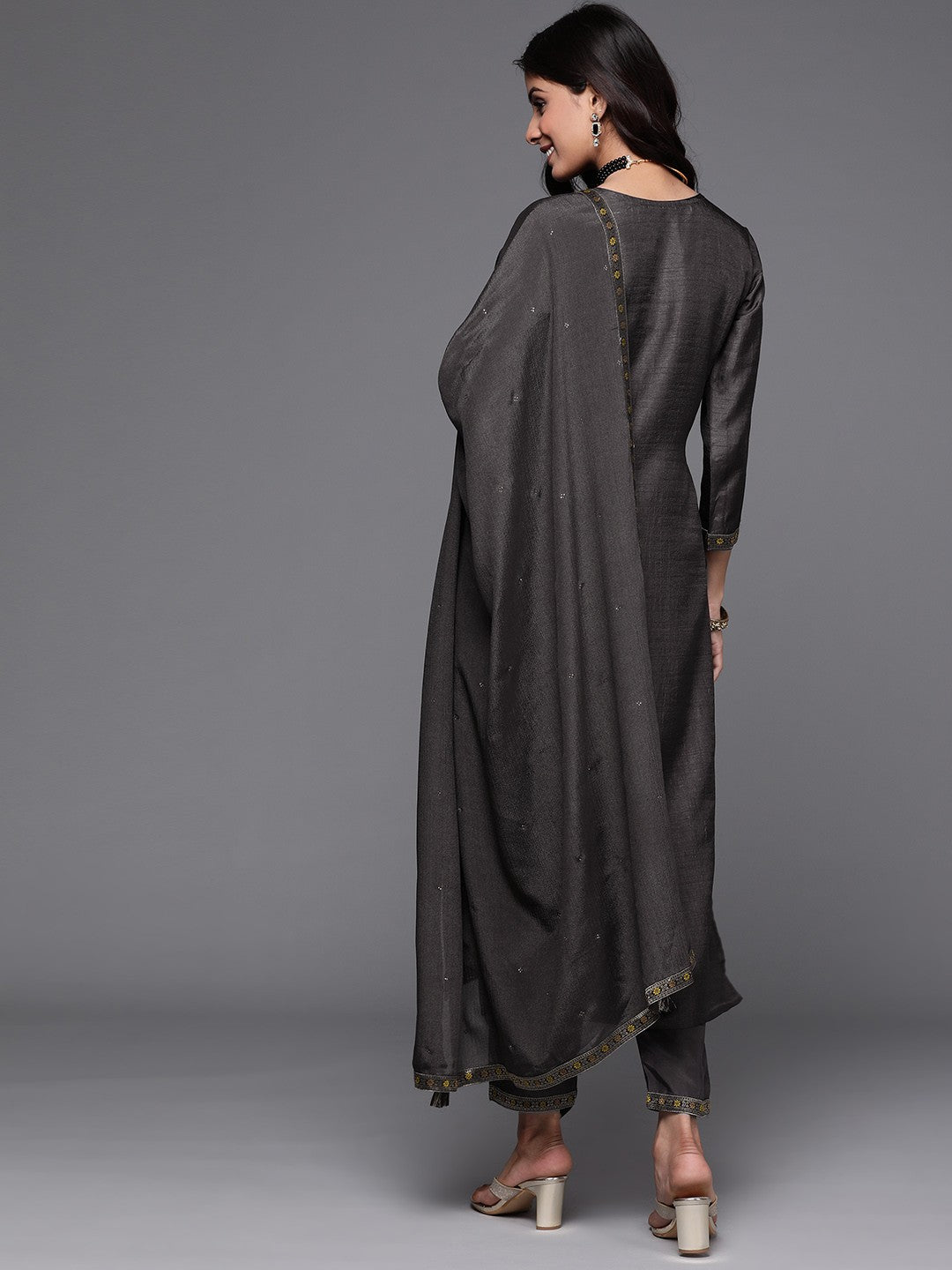 Women Charcoal Grey & Mustard Yellow Ethnic Zari Straight Kurta Trousers Dupatta