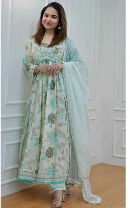 Women Cotton Blend Kurta Palazzo Dupatta Set