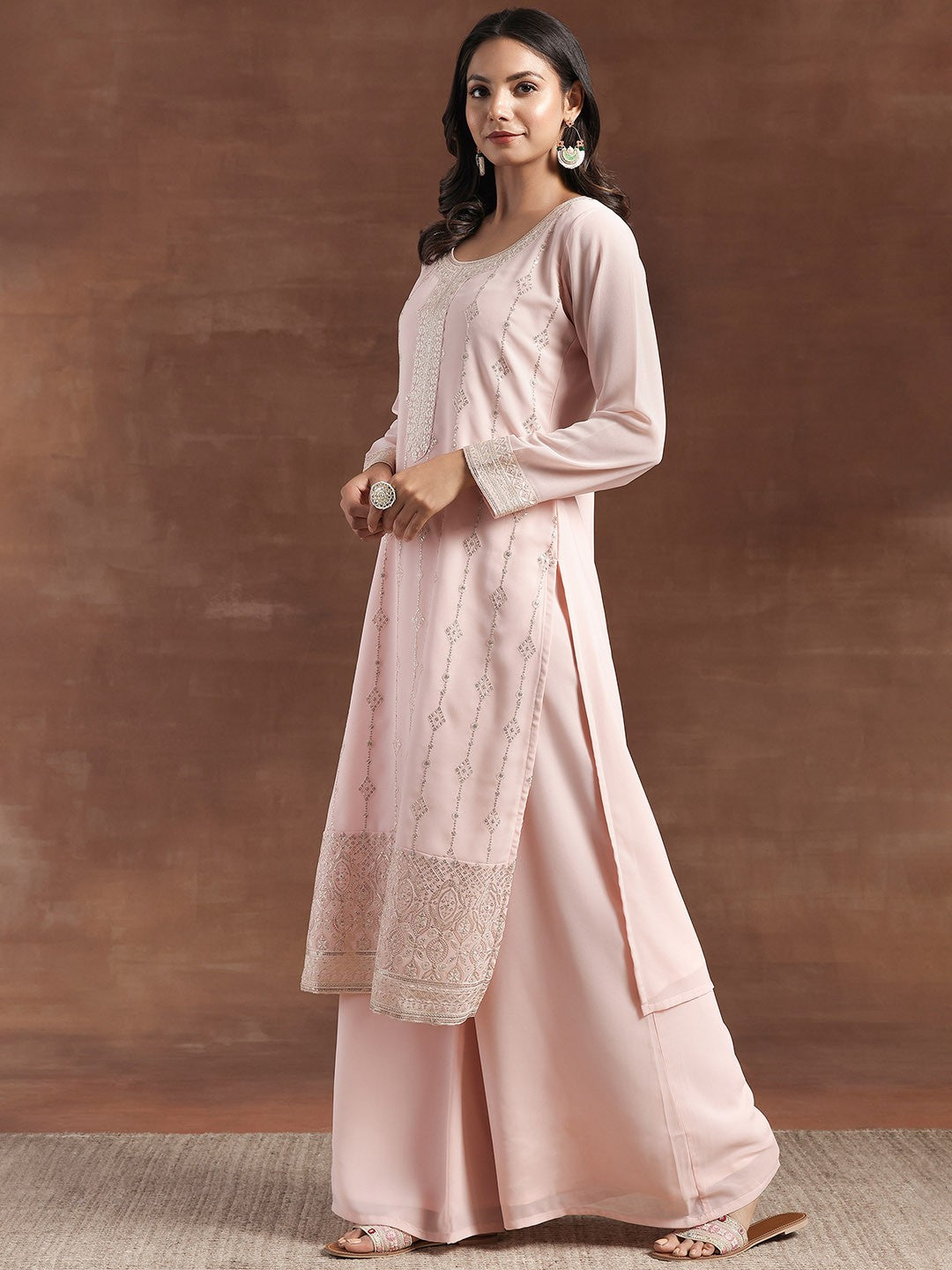 Ethnic Motifs Embroidered Sequinned Georgette Kurta with Palazzos & With Dupatta