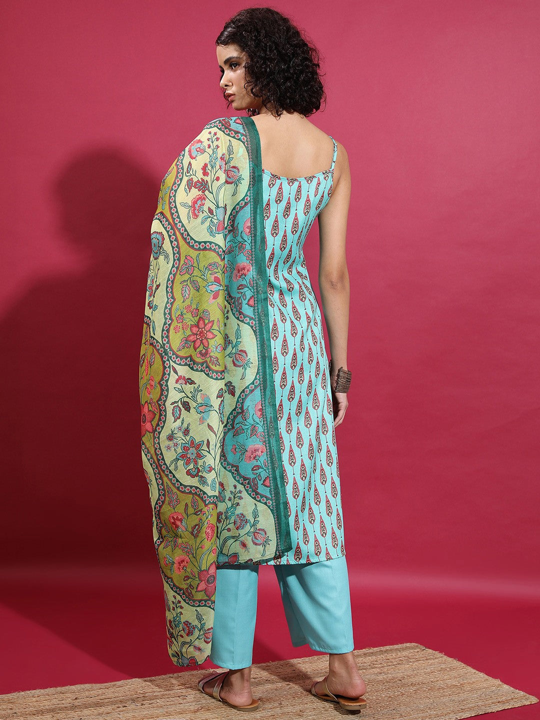 Ethnic Motifs Printed Shoulder Straps Straight Kurta & Palazzos With Dupatta