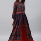 Navy Blue Floral Print Cotton Anarkali With Hight Slit