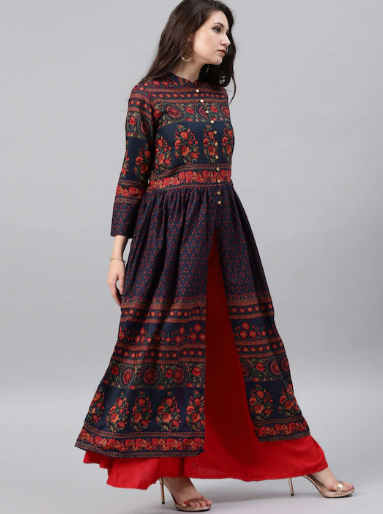 Navy Blue Floral Print Cotton Anarkali With Hight Slit