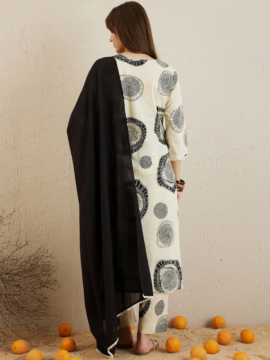 Abstract Printed Round Neck Pure Cotton Kurta with Trousers & With Dupatta