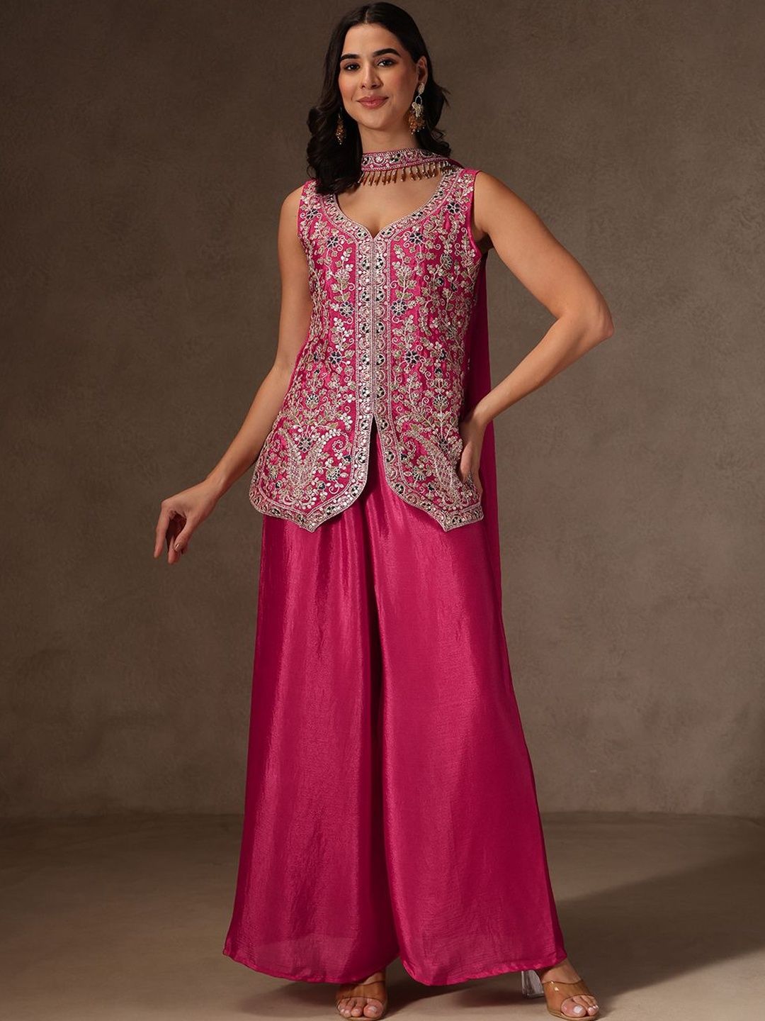 Women Ethnic Motifs Embroidered Regular Thread Work Silk Chiffon Kurta with Palazzos & With Dupatta