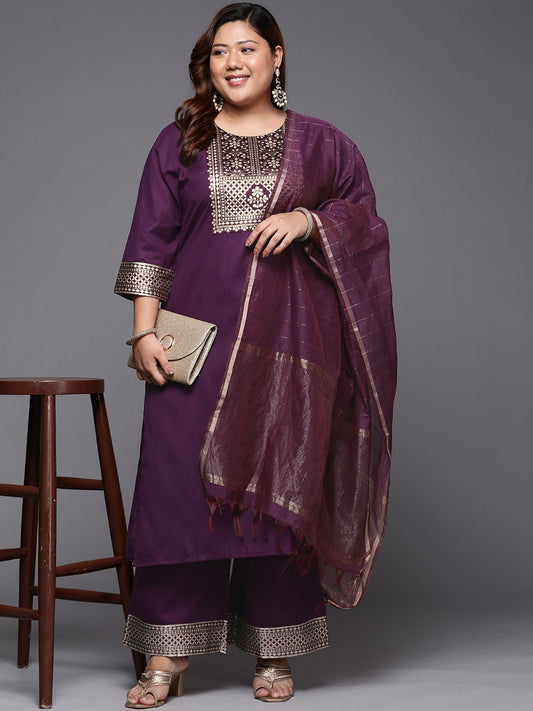 Women Plus Size Purple Ethnic Motifs Kurta with Palazzos & With Dupatta