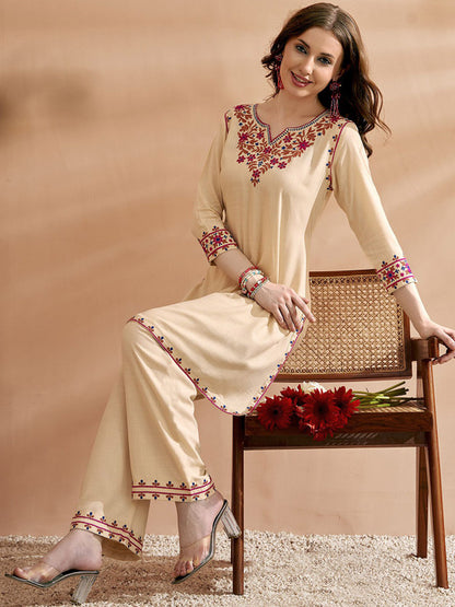 Embroidered Three Quarter Sleeves Kurta With Trousers Set