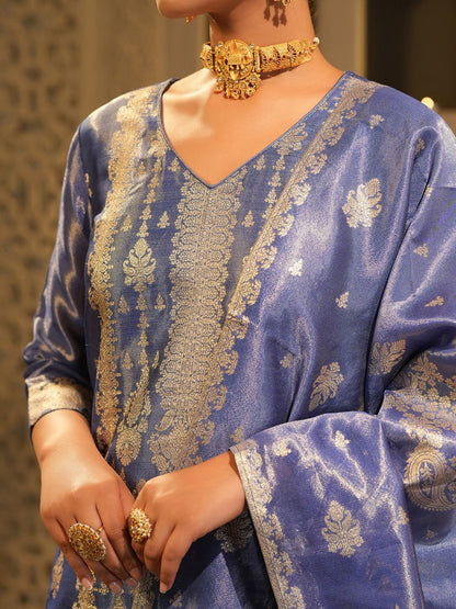 Floral Woven Design V-Neck Liva Zari Straight Kurta & Trousers With Dupatta