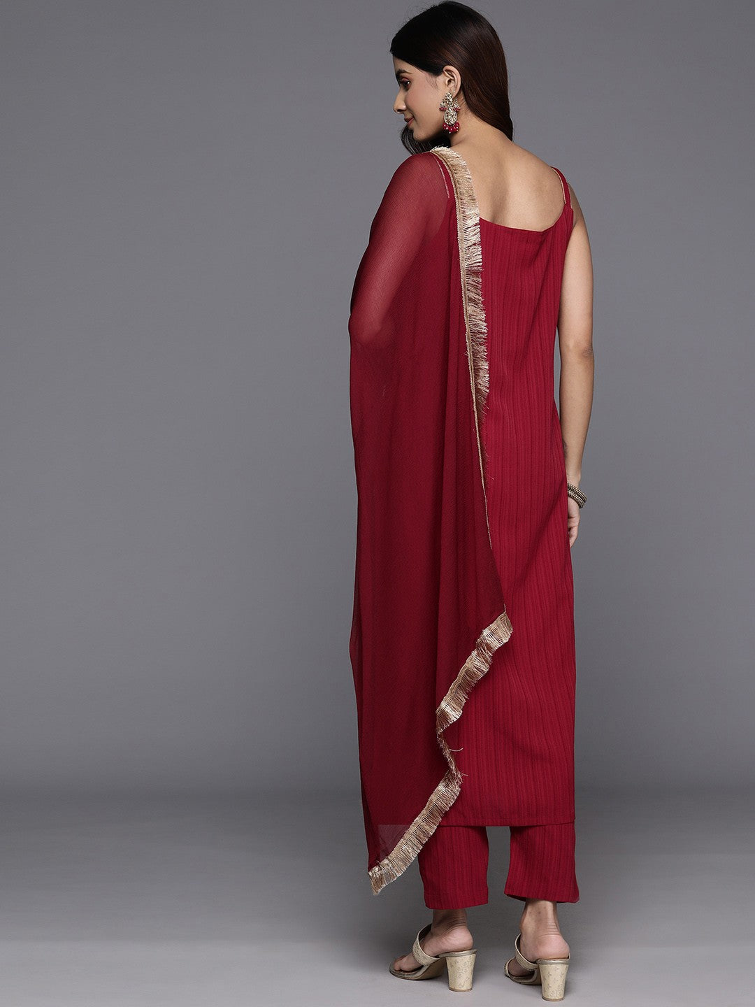 Woven Design Zari Silk Crepe Kurta with Trousers & Dupatta