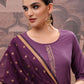 Purple Embroidered Round Neck Straight Kurta with Trouser & Dupatta