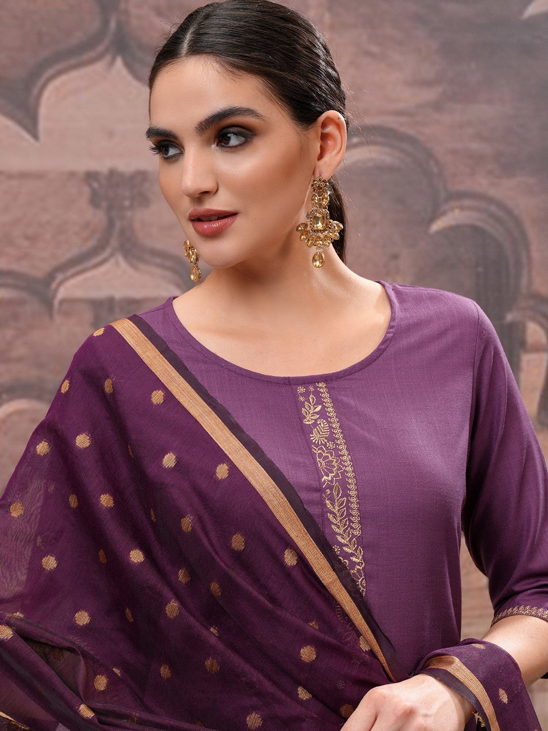 Purple Embroidered Round Neck Straight Kurta with Trouser & Dupatta