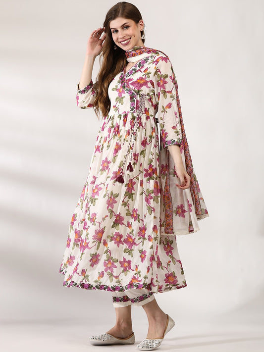 Floral Printed V-Neck Angrakha Thread Work Pure Cotton Kurta with Trousers & Dupatta