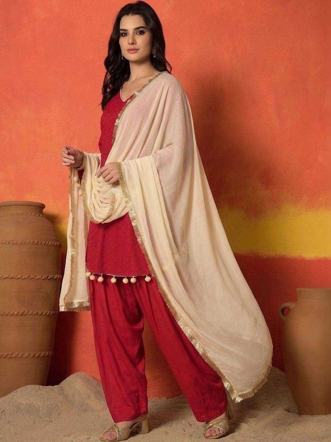 Red Chikankari Rayon A-Line Kurti Farshi Salwar With Dupatta Set