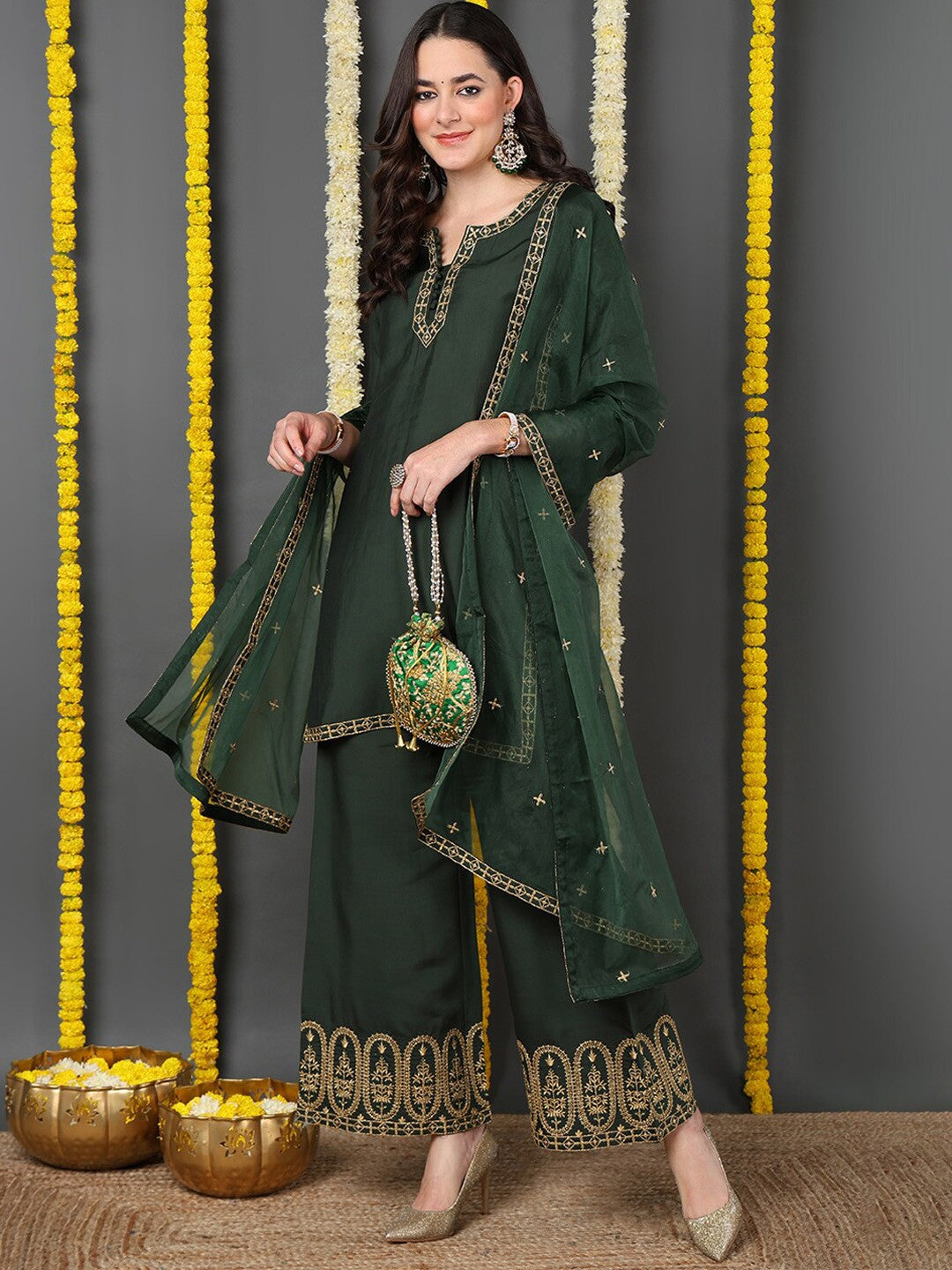 Embroidered Regular Kurta With Palazzos & Dupatta