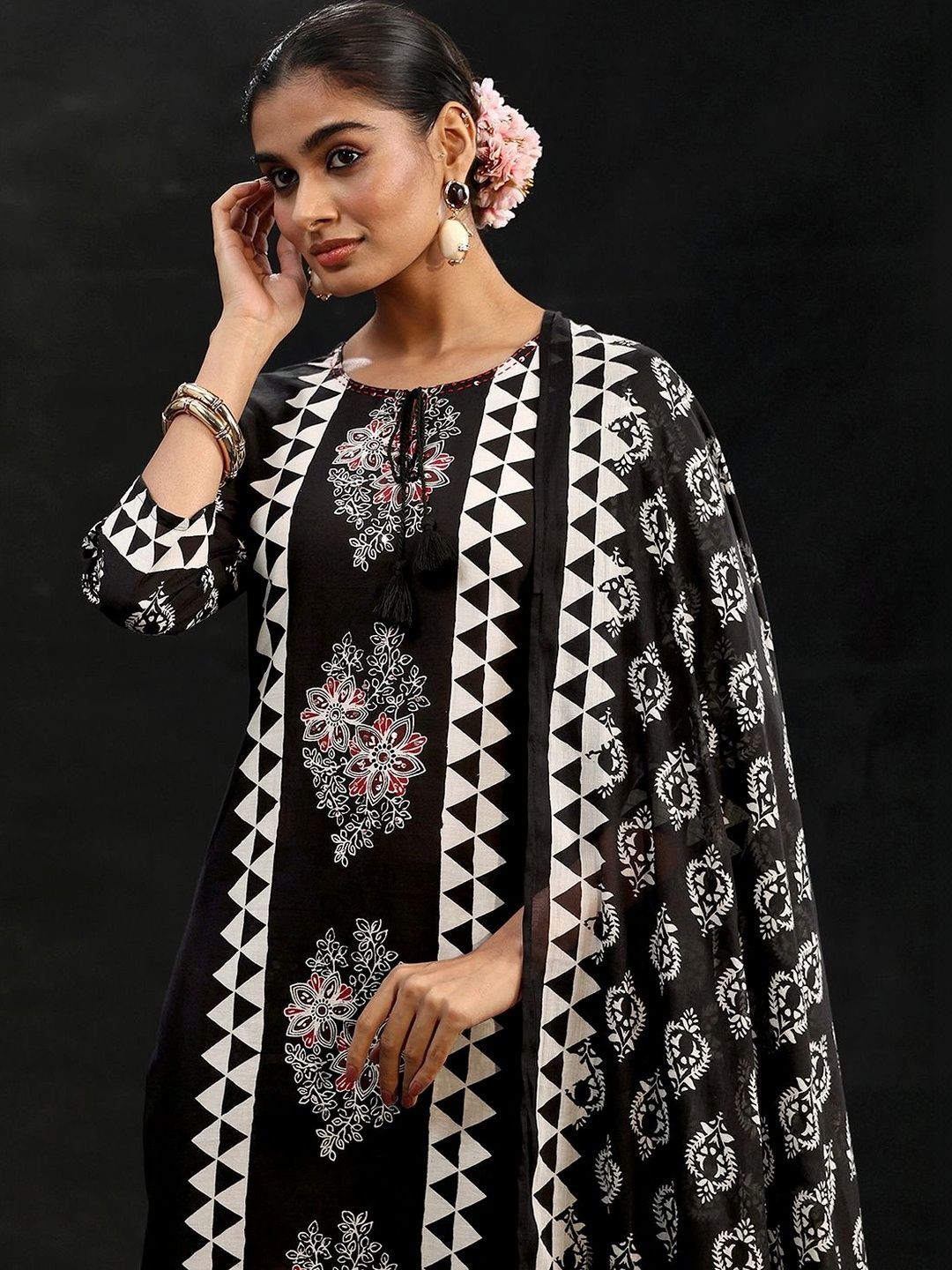 Black Block Print Cotton Straight Suit Set