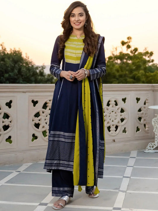 Women Blue & Olive Silver Printed Flared Kurta Dupatta Set with Gota Details