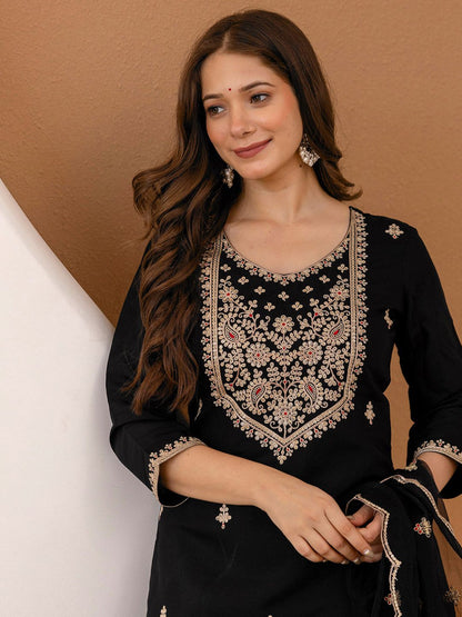 Women Black Silk Blend Embroidered Kurta & Trousers With Dupatta