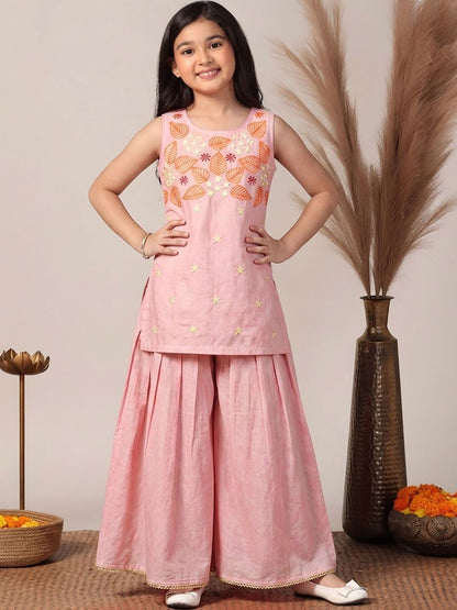 Girls Embroidered Regular Thread Work Kurta with Palazzos