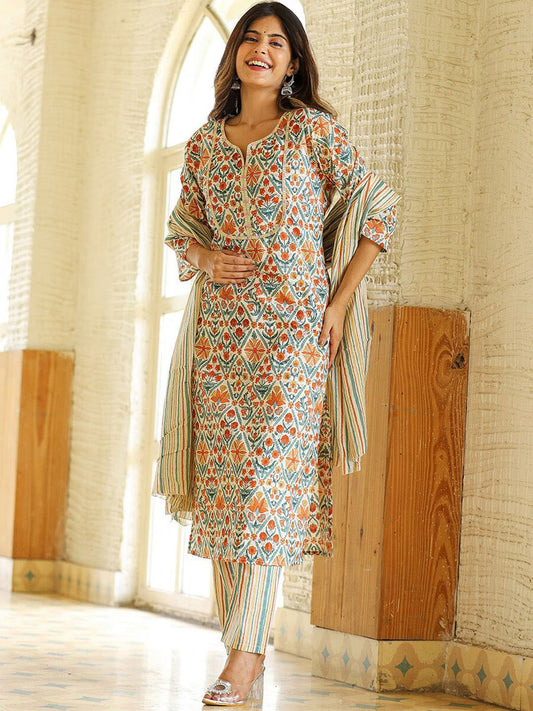 Ethnic Motifs Printed Regular Thread Work Pure Cotton Kurta with Trousers & Dupatta