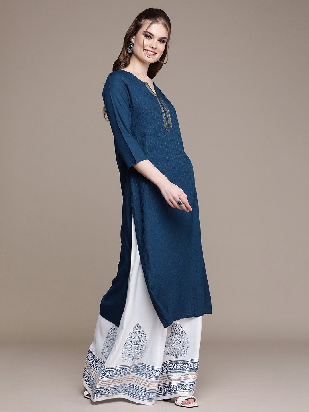 Women Blue Striped Regular Kurta with Palazzos