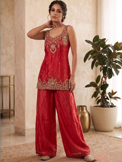 Women Ethnic Motifs Embroidered Regular Thread Work Raw Silk Kurta with Palazzos & With Dupatta