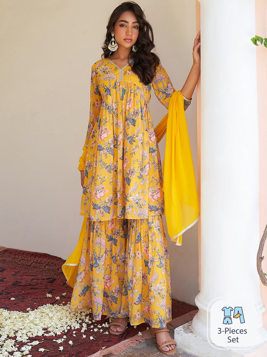 Floral Printed Regular Gotta Patti Kurta With Sharara & With Dupatta