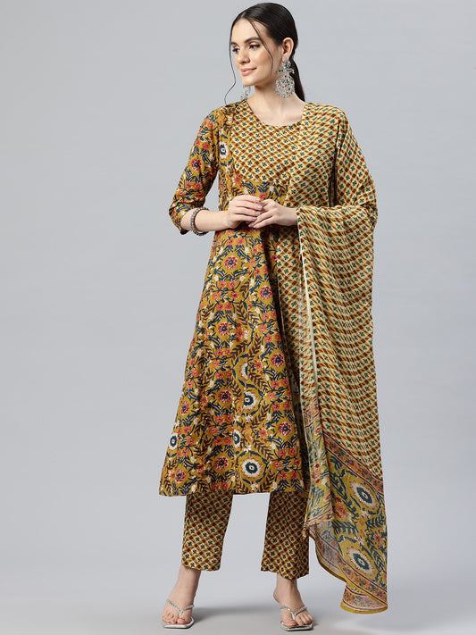 Floral Printed Regular Pure Cotton Kurta with Trousers & With Dupatta