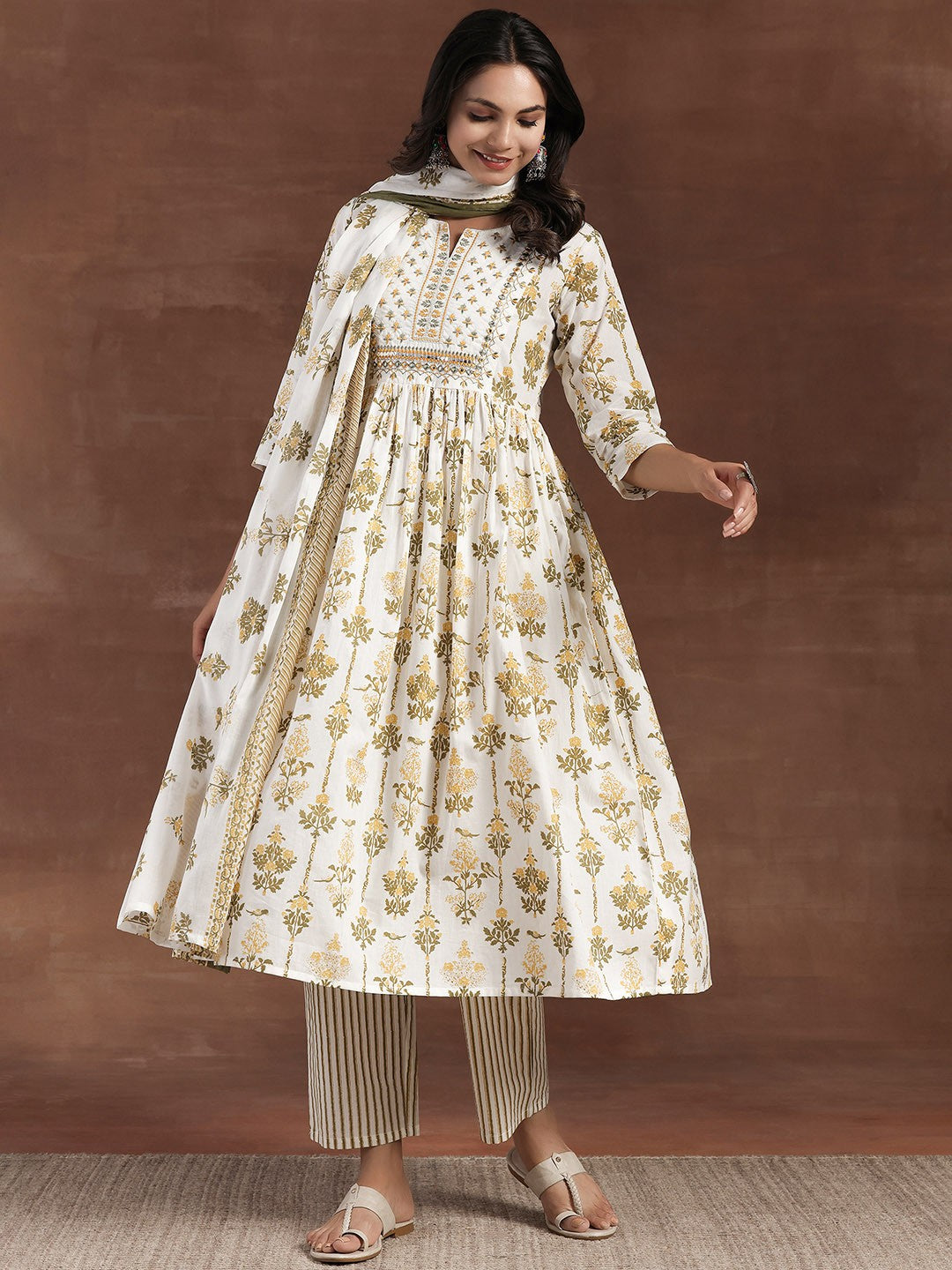 Floral Print Panelled Mirror Work Pure Cotton Anarkali Kurta with Trousers & Dupatta